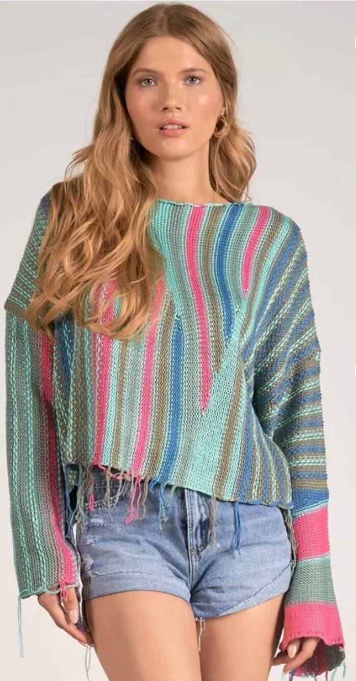 NWT Elan Radiantly Cute Boho Striped Sweater with Fringe in women’s size L